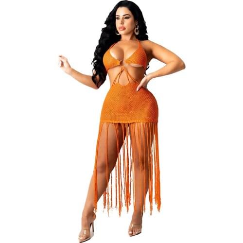 Neon Color Tassels Splied Crochet Knitted Dress Women Halter Neck Backless Bandage Dress Summer Hollow Out Beachwear Dress New