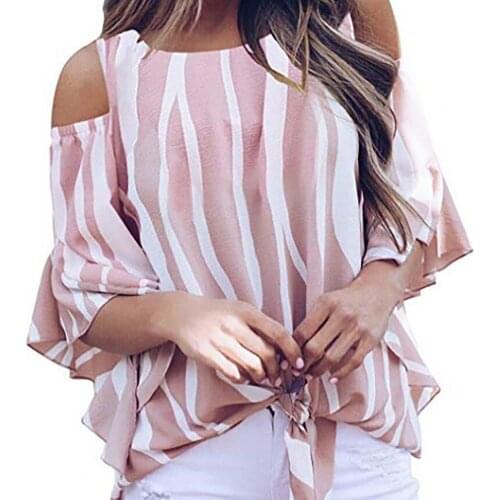 Off Shoulder Bowknot Women Blouses Flare Sleeve Shirt 2021 Autumn Three Quarter Sleeve Striped Print Women Blouse Tops Casual