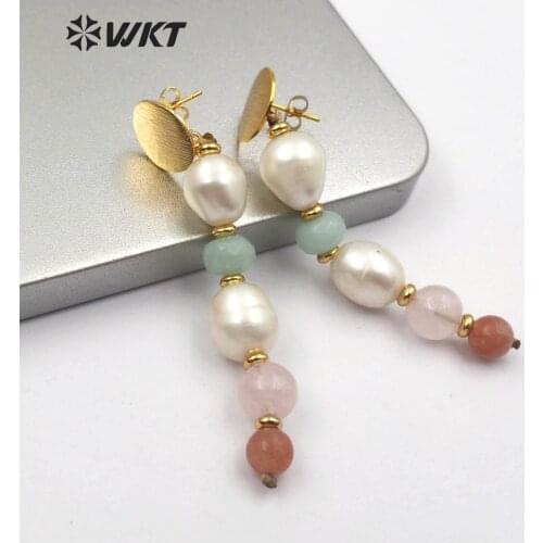 WT-E570 natural white pearl with stone beads Earring gold electroplated Earrings women fashion black pink Earrings Jewelry