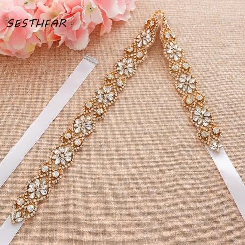 SESTHFAR Crystal Bridal Belt Rose Gold Diamond Wedding Belt Handmade Rhinestones Sash For Wedding Dresses