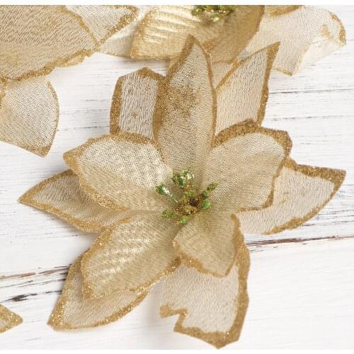 20PCS Glitter Cloth Flower Pendant Hanging Adornment Christmas Gifts Home Decoration DIY Wreath Accessory (Golden)