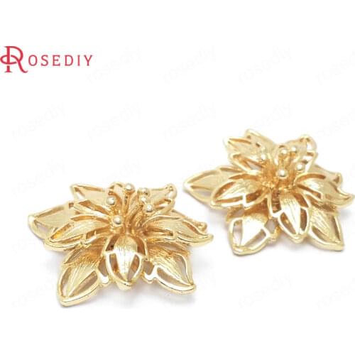 33486)4PCS 28MM height 10MM 24K Gold Color Brass 3D Flower Charms Pendants High Quality Diy Jewelry Findings Accessories