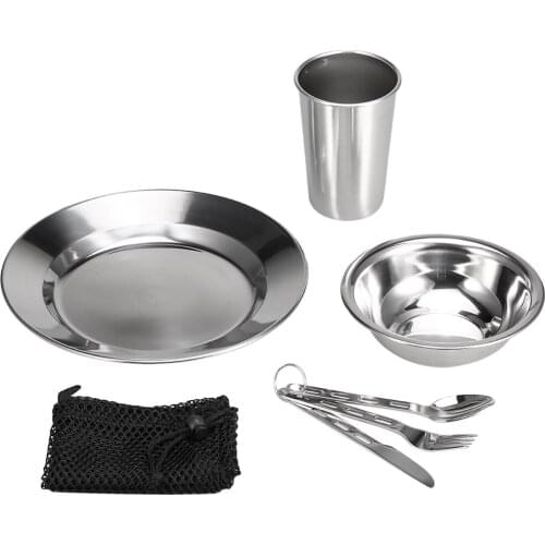 7PCS Stainless Steel 1-Person Table Set Outdoor Tableware Mess Kit Dinner Plate Bowl Cup Spoon Fork Cutter with Mesh Travel Bag