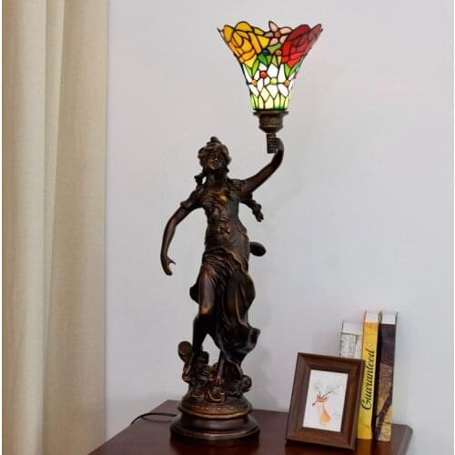 American country trumpet rose Creative girl angel goddess LED light Tiffany stained glass living room bedroom bedside table lamp