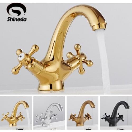 Shinesia Antique Brass Bathroom Sink Faucet Basin Mixer Tap Double Cross Head Handle Single Hole Hot and Cold Water