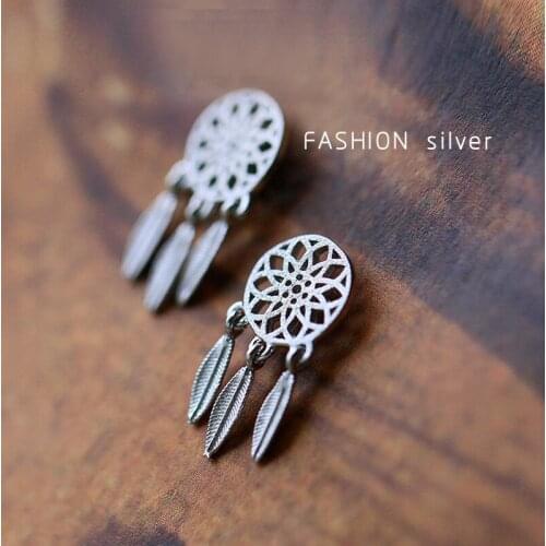 Bohemia Nationality Indian Feather Dream Catcher Dreamcatcher 925 Sterling Silver Stud Earrings For Women Jewelry