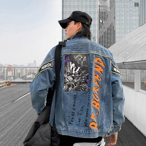 Denim Jacket Men Streetwear Locomotive Zipper Cardigan Jean Coats Hip Hop Loose Jackets Casual Fashion for Male Black Tops