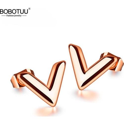BOBOTUU Fashion Simple Unique V Shape Stainless Steel Stud Earrings Rose Gold Nver Fade Jewelry For Women Girls Lovers BE17073