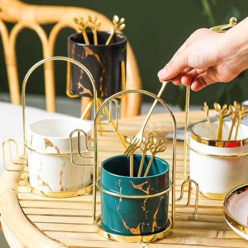 Fruit Fork Ceramic Pot Stainless Steel Frame Set Creative Cute Home European Style Small Luxury Fruit Sign Cake Snack Fork