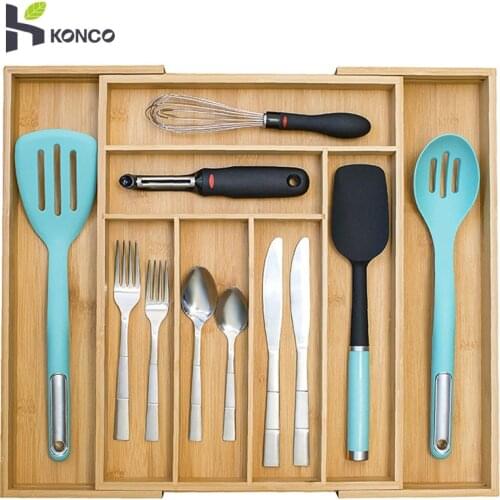 Konco Kitchen Cutlery Storage Box Spoon Fork Spice Separation Organizer Box Bamboo Drawer Organizer Kitchen Container Storage