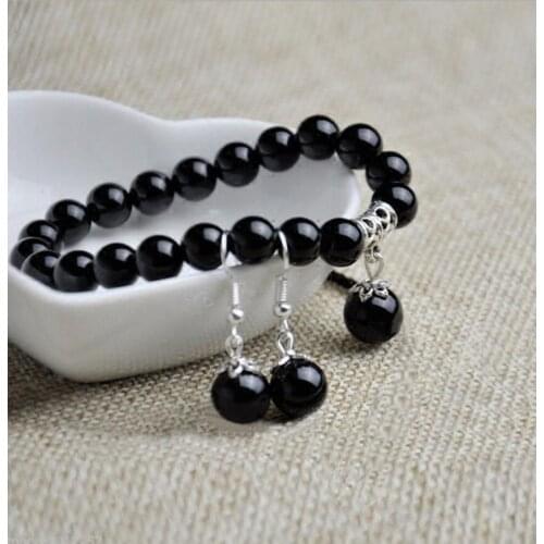 Beautiful handmade Tibet silver real black Agate earrings bracelet 7.5 ~ 8 inch
