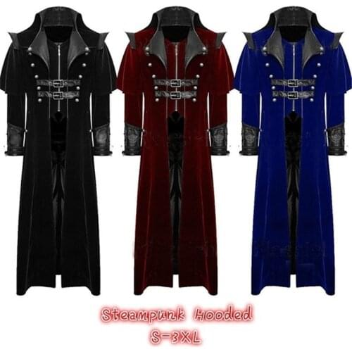 Free pp Mens Coat Long Jacket Gothic Steampunk Regency Vintage Cosplay Costumes Halloween Men Steampunk Hooded XXXL XXL XL L