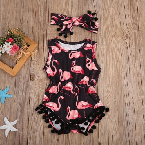 Flamingo Romper Summer 2Pcs Clothing Set Baby Summer Clothing With Headband Baby Body suit Girls Newborn Infant Sleeveless