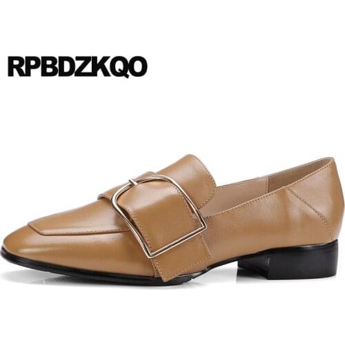 Vintage Classic Brown Thick Metal 2017 Chic Sandals Square Toe Genuine Leather Ladies Low Heels Shoes Size 4 34 Chinese Spring