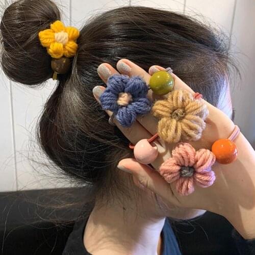 INS Trendy Durable Wool Flower Hair Robe Rubber Band Hair Band Cute Elastic Soft Girls Flower Hair Rope for Birthday Party