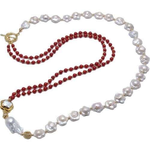 GG Jewelry Natural White Keshi Flower Pearl Red Corals CZ Pave Baroque Pearl Sweater chain Long Necklace Handmade For Women