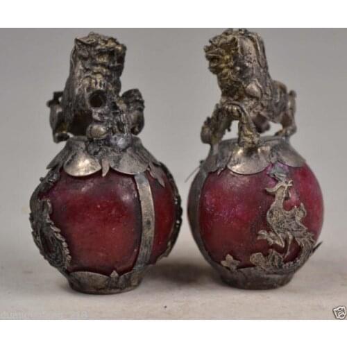 A Pair China Old Tibetan Silver Handwork Inlay Jade Lions Statue & Ornament