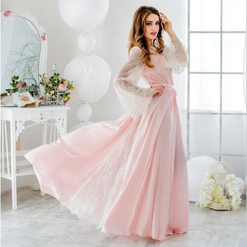 Stunning Pink Bridal Robes Silk Women Sleepwear Honeymoon Lingerie Lace Long Sleeve Bathrobe Nightwear Babydoll Dress Boudoir