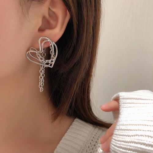 AENSOA Big Silver Color Heart Shape Long Drop Earrings 2021 Trendy Hollow Heart Twist Link Chain Earring Minimalist Jewelry Gift