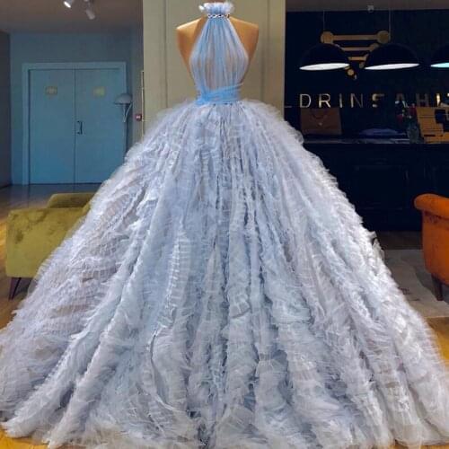 Chic Light Blue Tiered Ruffles Prom Dresses Sheer High Neck Evening Dress Vintage Illusion Ball Gown Party Quinceanera Gowns
