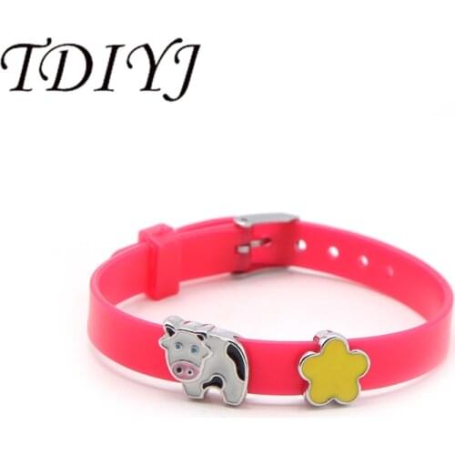 TDIYJ Keeper Red 8MM Silicone Bracelet Summer Cow Yellow Flower Children DIY Keeper Slide Charms 1Set