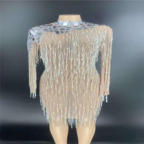 V66 Women pole dance rhinestones dress female stretched crystal tassel skirt long sleeve silver mirror glass outfit dj costumes
