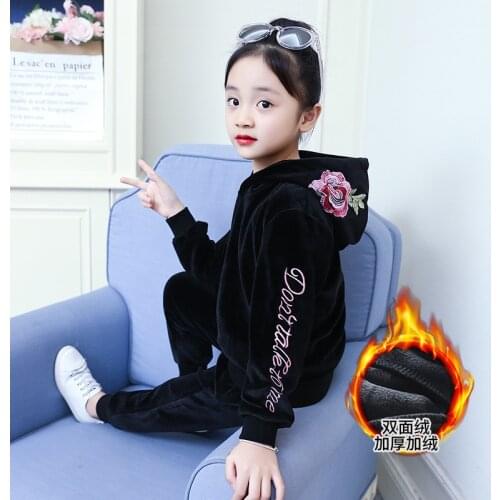 Spring Autumn Girls Sports Suit Velvet Tracksuit Kids Fashion Sportwear Children Hooded Suit Casual Outfit 6 8 10 12 years old