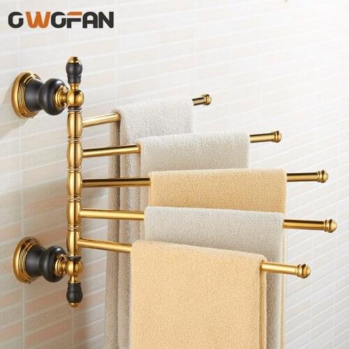 Luxury Gold Towel Racks Antique Brass Bathroom Rotation Bars Towel Holder Wall Mounted Folding Moveable Bath Towel Bar XL-66840