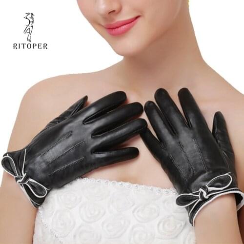 RITOPER Womens Sheepskin Gloves Touch Screen Genuine Leather Gloves Bow Warm Warm And Velvet Thickening Fashion Real Leather