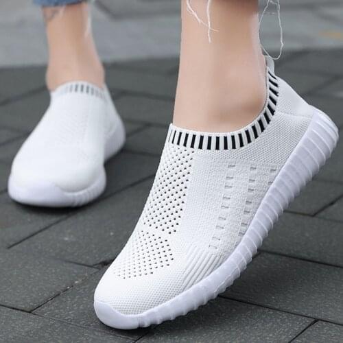Women Tennis Shoes Breathable Mesh Sock Footwear Summer Woman Sneakers White Flats Slip-on Hollow Out Casual Sport Gym Shoe 2020