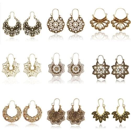 Tocona Vintage Gold Silver Color Mandala Flower Drop Dangle Earring For Women Tribal Boho Geometry Pendant Earrings Pendientes