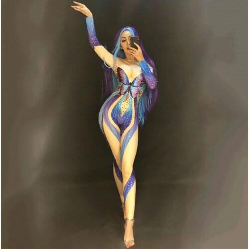 Female Blue Butterfly Rhinestone Jumpsuit Sexy Stretch Crystals Bodysuit Singer Dancer Stage Performance Wear Rave Outfit DT364