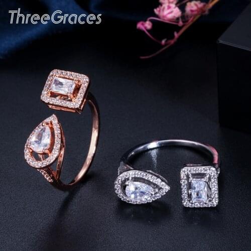 ThreeGraces Fashion Famous Brand Water Drop and Square Cubic Zirconia Rose Gold Color Adjustable Open Cuff Ring for Women RG008