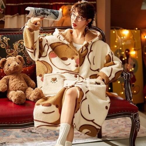 Winter Womens Pajamas Set Home Wear Cartoon Cute Bear Pijama Set Sleepwear Women Pyjamas Thick warm Nightwear Robe Nightgown