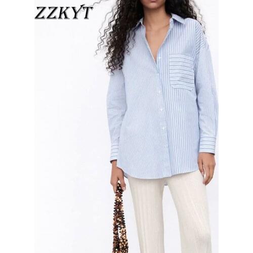 ZZKYT 2021 Women Spring Fashion Patchwork Striped Pockets Blouses Vintage Lapel Collar Long Sleeve Female Shirts Casual Tops