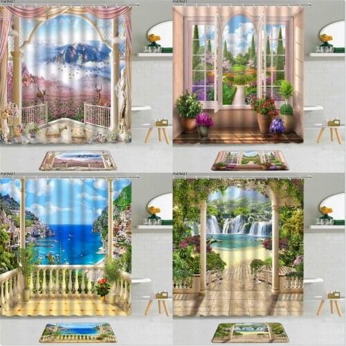 2Pcs Natural Landscape Mountain Flower Shower Curtain Roman Column Waterfall Plant Scenery Non-Slip Bath Mat Bathroom Decor Set