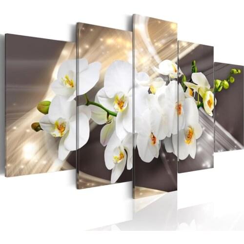 Diamond 5D Wall Art Handmade 5 Pcs Painting White Orchid Cross Stitch Picture Flowers Mosaic Full Round Drill Embroidery Gift