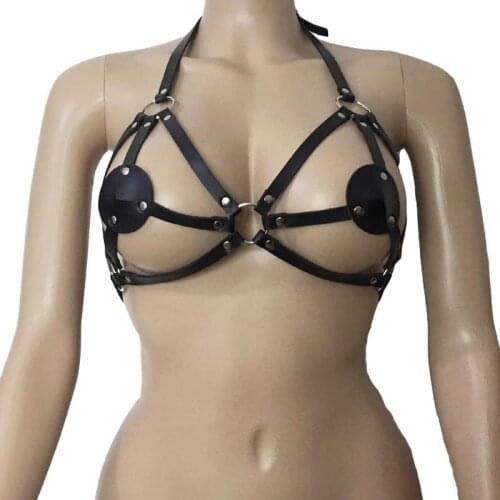 Black PU Leather Bra Sexy Bandage Women Halter Cage Bras Exposed Breast Body Harness Belt Bra Pole Dance Clubwear Fetish Costume