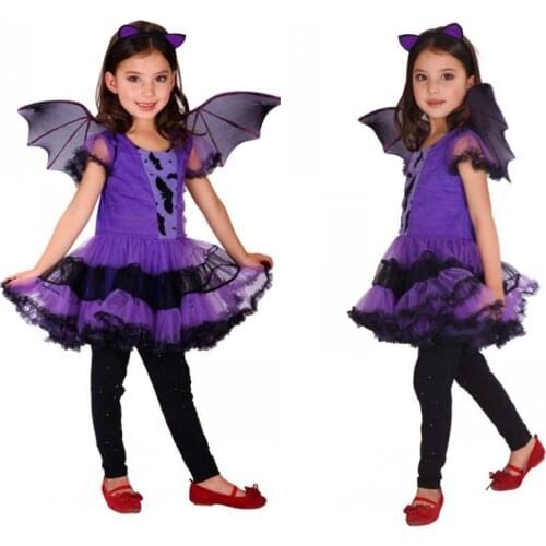 Children Beautiful Halloween Bat Costume Cosplay Girls Purple Lace Dress Cute Wings Give Kids Carnival New Year Gifts M-XL
