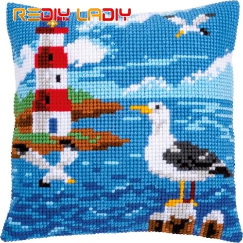 Cross Stitch Cushion Cover Lighthouse & Seagulls Pillow Case Pre-Printed Canvas Acrylic Thick Yarn Cross-stitch Needlepoint Kits