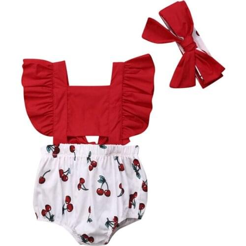 0-18M Cute Infant Kids Baby Girl Clothes Set Ruffle Fly Sleeve Cherry Printed Bodysuits Patchwork Backless Sunsuit+Headband 2Pcs