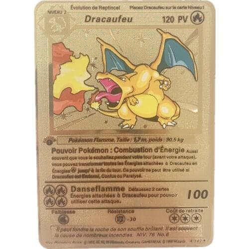2021 New Elf Pokemon PV French Shiny Gold Fire-breathing Dragon Metal Card Game Doubles A La Carte Christmas Gift