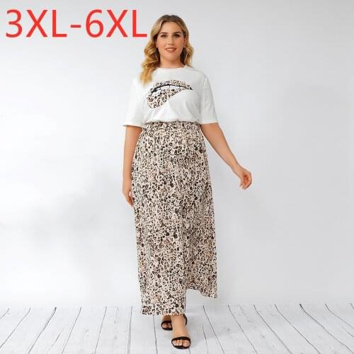 New 2021 Ladies Summer Plus Size Women Large Short Sleeve Loose T-Shirt And Floral Long Skirt Two Pieces Suits 3XL 4XL 5XL 6XL