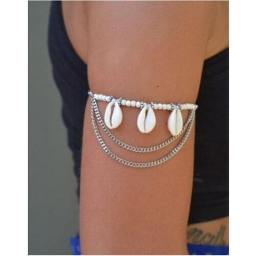 New Hot Simulated-pearl Shell Upper Arm Bracelet Armbanden Slave Harness Tassels Chain Gold Silver Cuff Armlet
