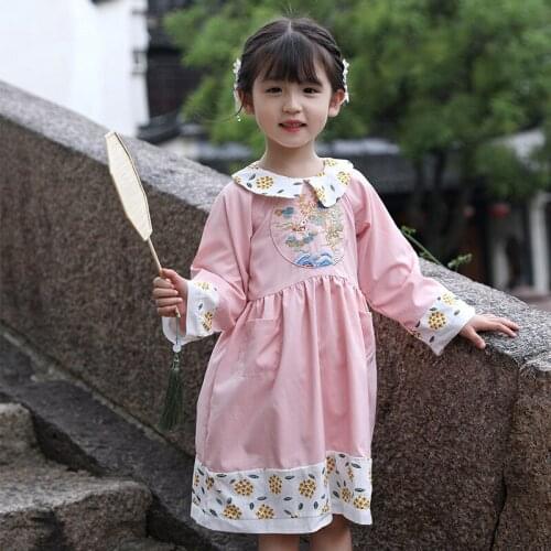 Autumn Girls Chinese National Flowers Embroidery Dresses Girl Cheongsam Dress Student Traditional Dynasty Tang Hanfu Clothes