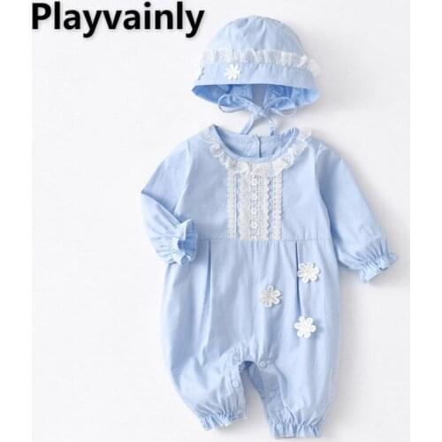 2021 Korean Style Autumn Boys Girls Romper Blue Lace Flower Long Puff Sleeves Round Collar Jumpsuit Newborn Clothes E638