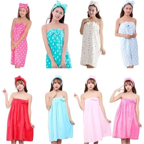 Bath Towel Sexy Cute Bow Wrap Flannel Nightgown Skirt Super Absorbent Soft Microfiber Towel Lady Headband Set for Women