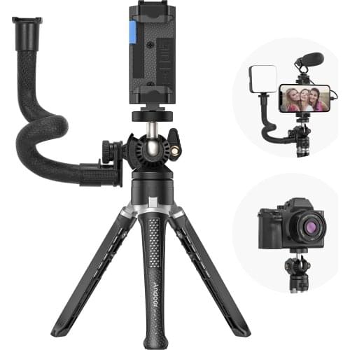 Andoer MT-01 Desktop Tripod Stand 2 Levels Adjustable Height 360° Rotatable Ball Head for Vlog Live Streaming Online Video