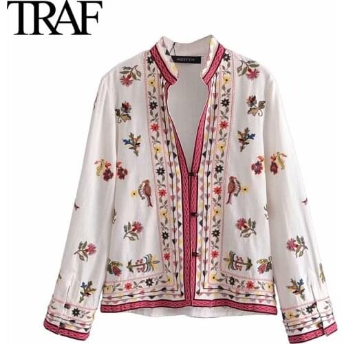 TRAF Women Fashion White Linen Shirt Vintage Long Sleeve Blouses Floral Embroidered Button Up Tops Mujer