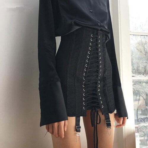 Women Steampunk Patchwork High Waist Boycon Gothic Lolita Black Summer Skirt Y2K Vintage Lace Up Aesthetic Bandage Mini Skirts
